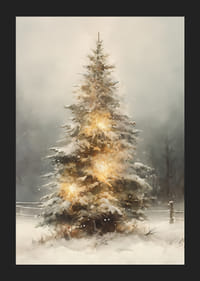 Brad ilustrat cu zăpadă și lumini calde în peisajul de iarnă-5