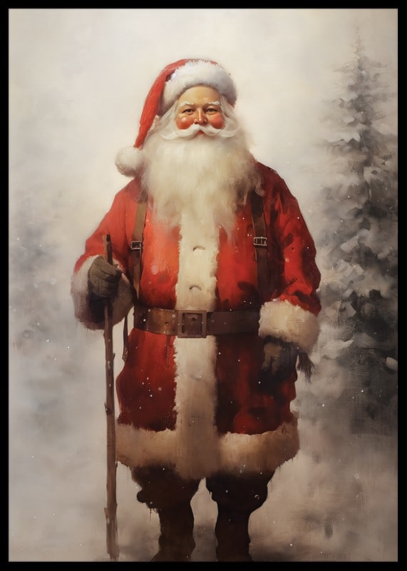 Watercolor of Santa Claus with a walking stick in a snowy winter landscape-12