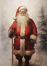 Watercolor of Santa Claus with a walking stick in a snowy winter landscape-7