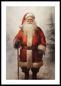 Watercolor of Santa Claus with a walking stick in a snowy winter landscape-0