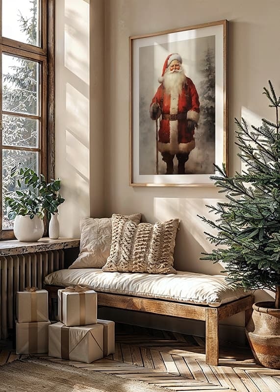 Watercolor of Santa Claus with a walking stick in a snowy winter landscape-12