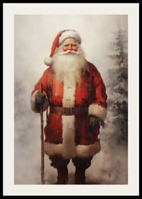 Mikulás akvarellje egy bottal a havas téli tájban-2