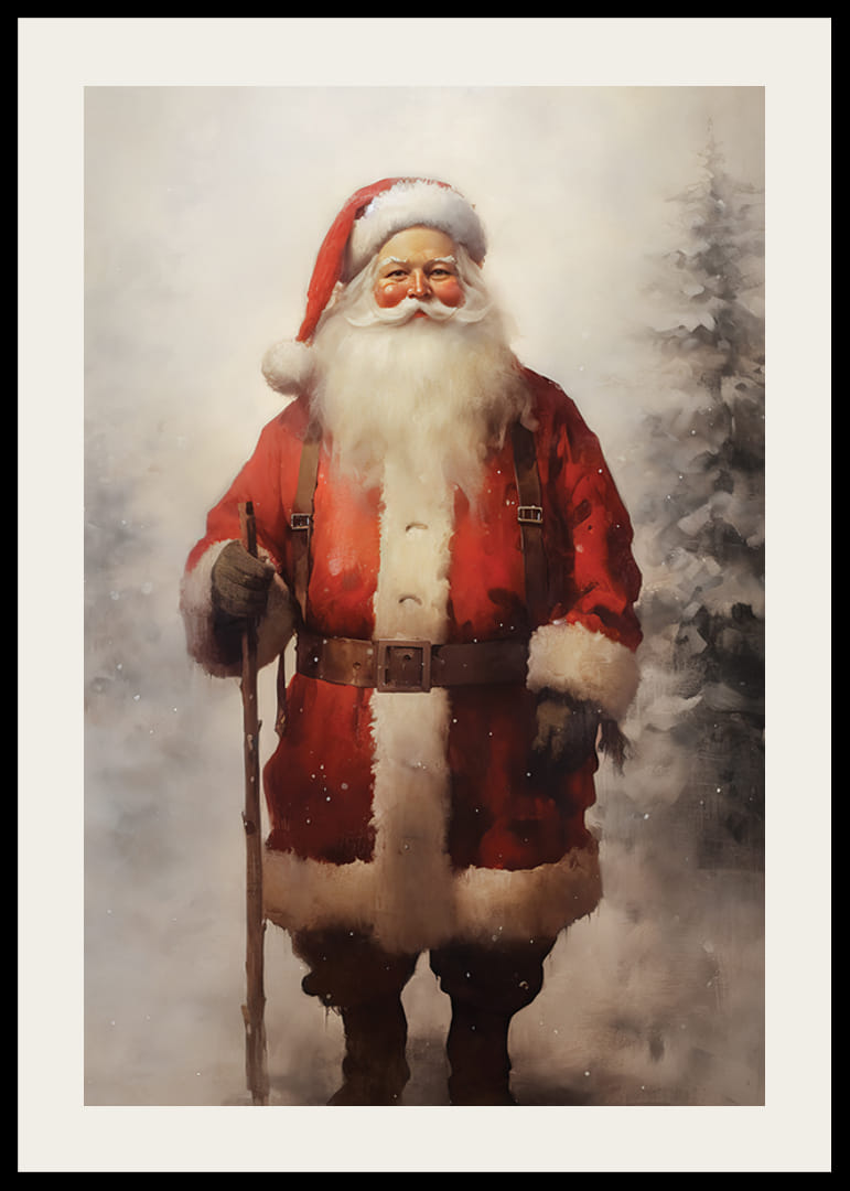 Mikulás akvarellje egy bottal a havas téli tájban-12