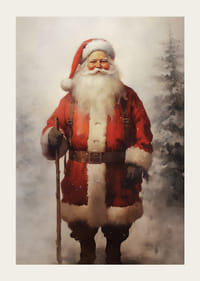 Mikulás akvarellje egy bottal a havas téli tájban-3