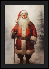 Mikulás akvarellje egy bottal a havas téli tájban-4