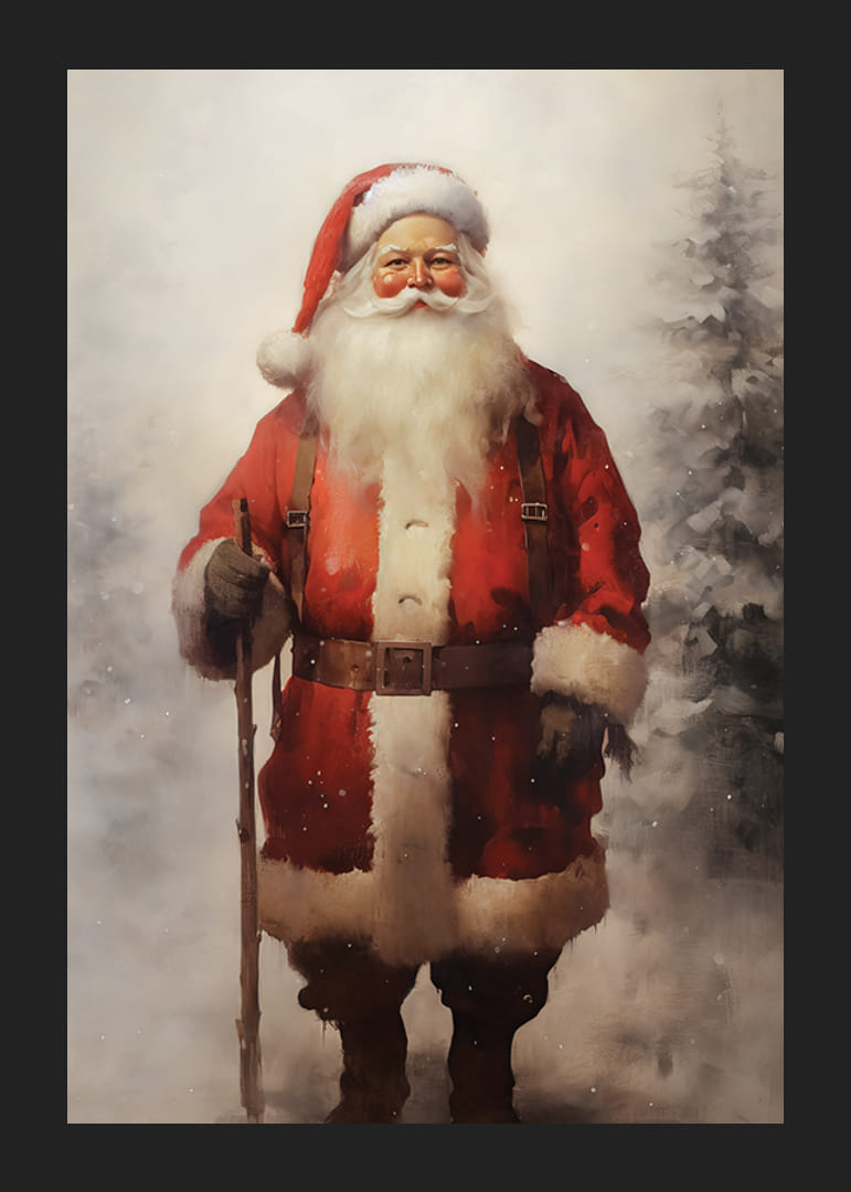 Mikulás akvarellje egy bottal a havas téli tájban-12