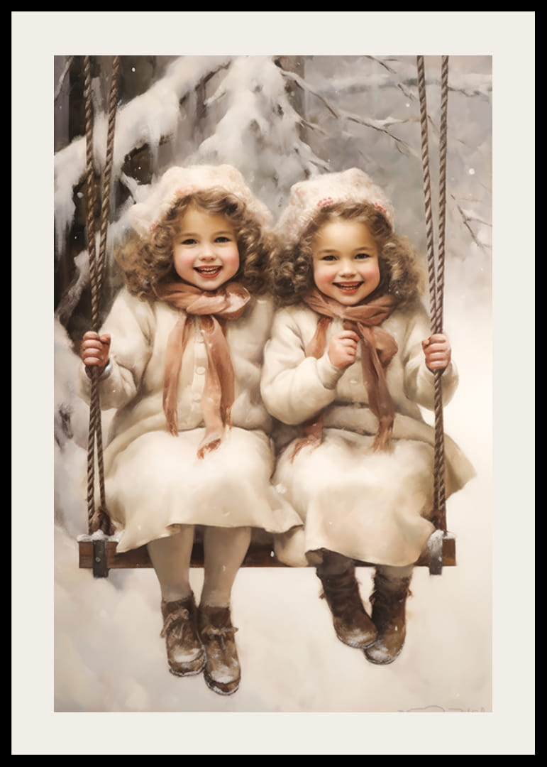 Akvarelová maľba dvoch usmiatych dievčat na hojdačke v zasneženej zimnej krajine.-12