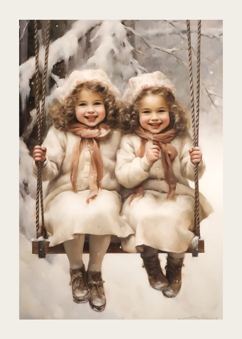 Akvarelová maľba dvoch usmiatych dievčat na hojdačke v zasneženej zimnej krajine.-12