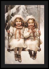 Akvarelová maľba dvoch usmiatych dievčat na hojdačke v zasneženej zimnej krajine.-4