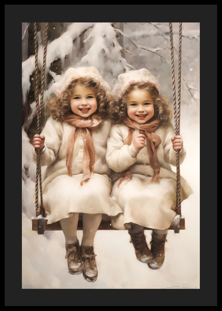 Akvarelová maľba dvoch usmiatych dievčat na hojdačke v zasneženej zimnej krajine.-12