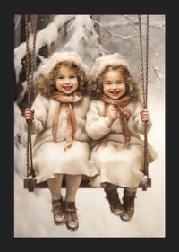 Akvarelová maľba dvoch usmiatych dievčat na hojdačke v zasneženej zimnej krajine.-5