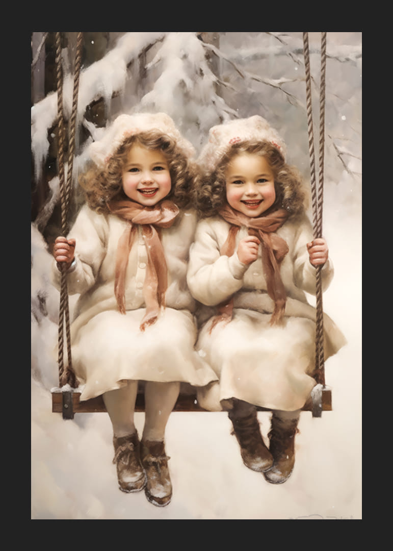 Akvarelová maľba dvoch usmiatych dievčat na hojdačke v zasneženej zimnej krajine.-12