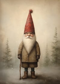 Illustrated Santa Claus with a red hood in a wintry forest environment-7