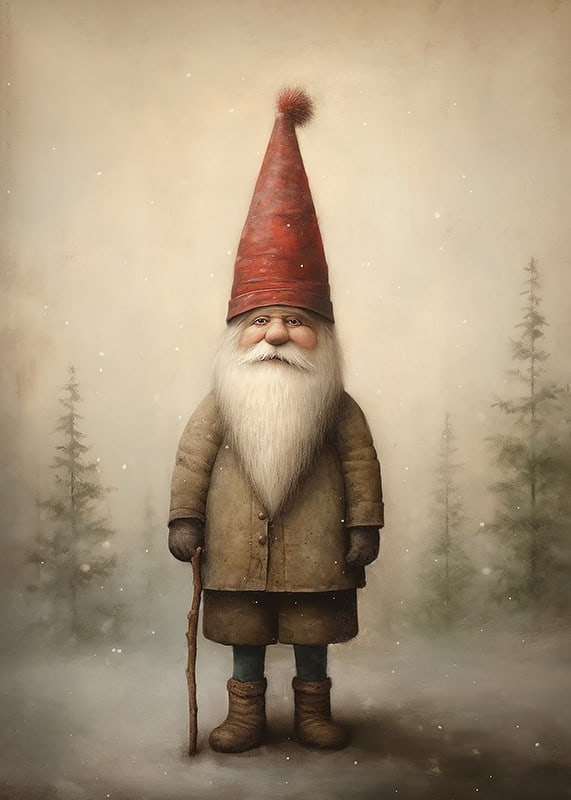 Illustrated Santa Claus with a red hood in a wintry forest environment-12
