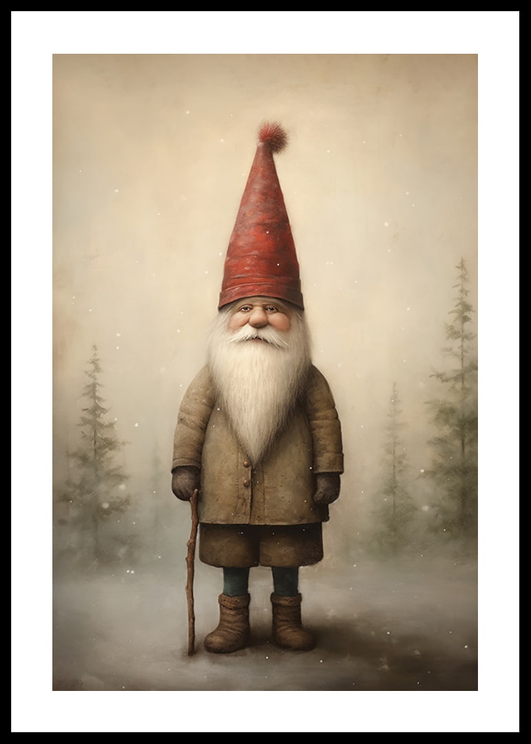 Illustrated Santa Claus with a red hood in a wintry forest environment-12