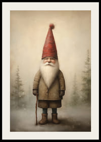 Illustreret julemand med en rød hætte i et vinterligt skovmiljø-2