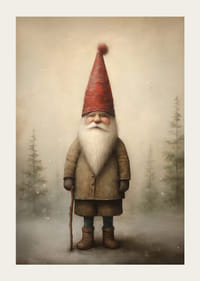 Illustreret julemand med en rød hætte i et vinterligt skovmiljø-3