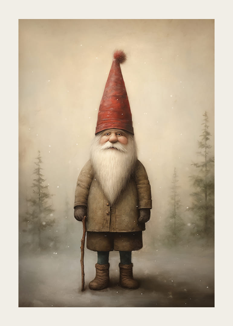 Illustreret julemand med en rød hætte i et vinterligt skovmiljø-12