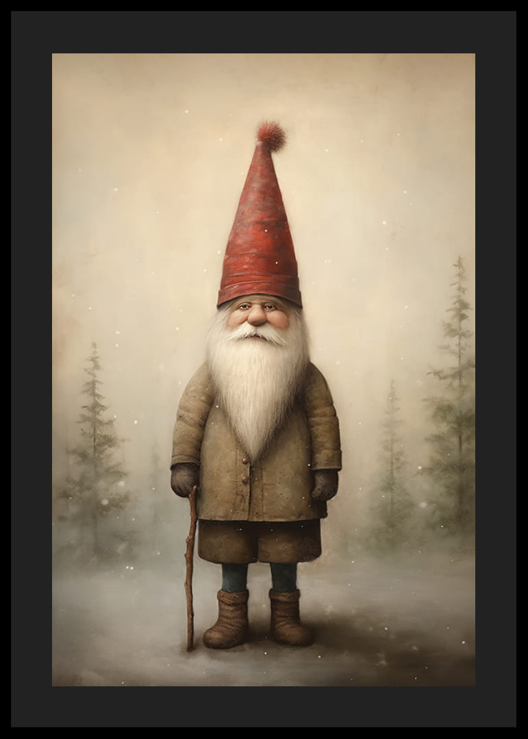Illustreret julemand med en rød hætte i et vinterligt skovmiljø-12