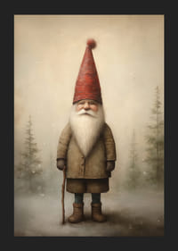 Illustreret julemand med en rød hætte i et vinterligt skovmiljø-5