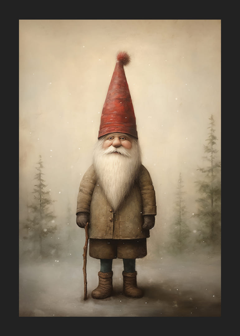 Illustreret julemand med en rød hætte i et vinterligt skovmiljø-12