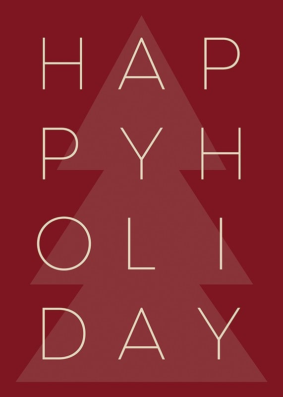 Graphic text illustration in beige with Christmas tree on red background-12