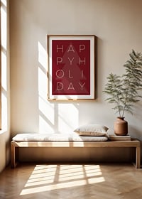 Graphic text illustration in beige with Christmas tree on red background-8