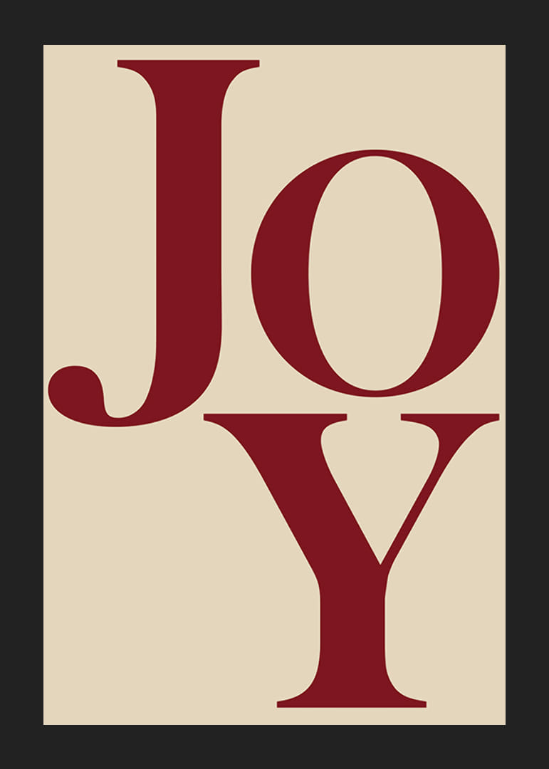 Stora röda bokstäver som formar ordet Joy på beige bakgrund-12