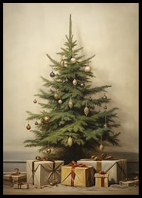 Akvarell av julgran med vintagekulor och inslagna paket-6