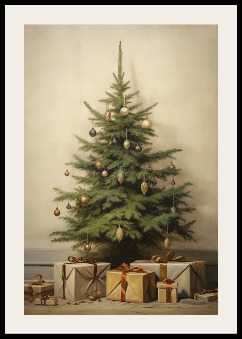 Watercolor of Christmas tree with vintage baubles and wrapped packages-12
