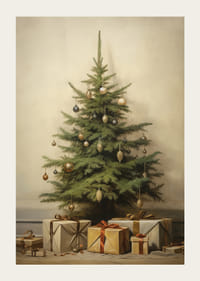 Watercolor of Christmas tree with vintage baubles and wrapped packages-3