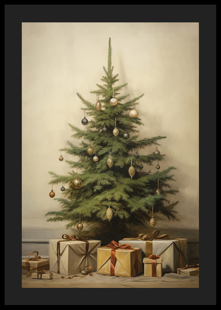 Watercolor of Christmas tree with vintage baubles and wrapped packages-12