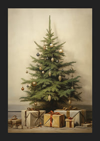 Akvarell av julgran med vintagekulor och inslagna paket-5