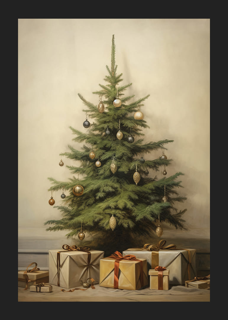 Watercolor of Christmas tree with vintage baubles and wrapped packages-12