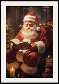 Illustrated Santa Claus reading a book by the Christmas tree and candles-2