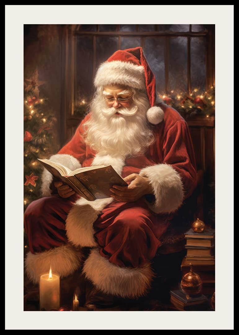 Babbo Natale illustrato che legge un libro vicino all'albero di Natale e alle candele-12