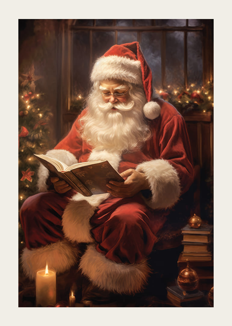 Babbo Natale illustrato che legge un libro vicino all'albero di Natale e alle candele-12