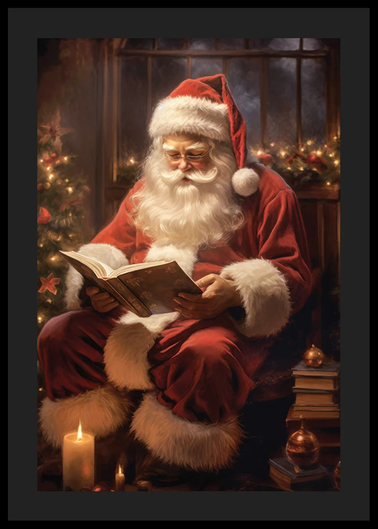 Illustrated Santa Claus reading a book by the Christmas tree and candles-12