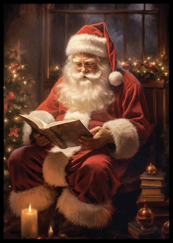 Illustrated Santa Claus reading a book by the Christmas tree and candles-12