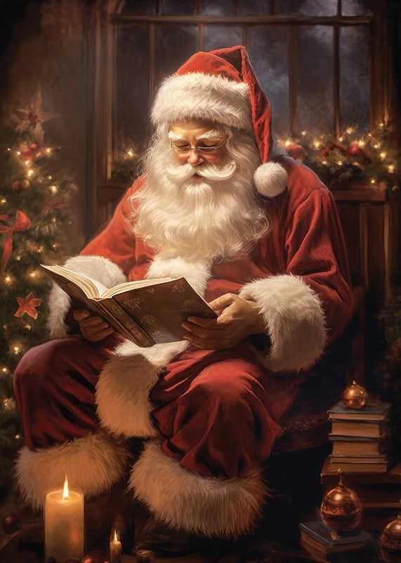 Babbo Natale illustrato che legge un libro vicino all'albero di Natale e alle candele-12