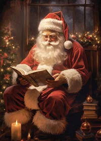Illustrated Santa Claus reading a book by the Christmas tree and candles-7