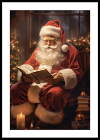 Babbo Natale illustrato che legge un libro vicino all'albero di Natale e alle candele-0