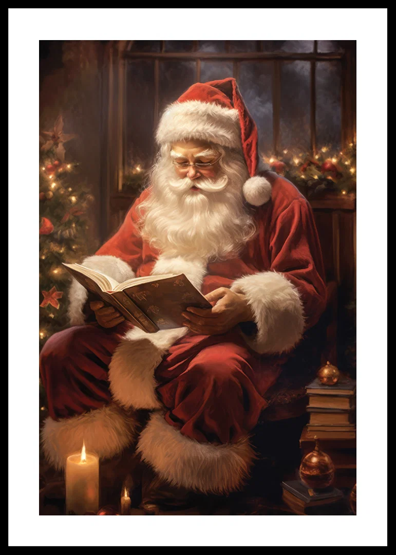 Illustrated Santa Claus reading a book by the Christmas tree and candles-12