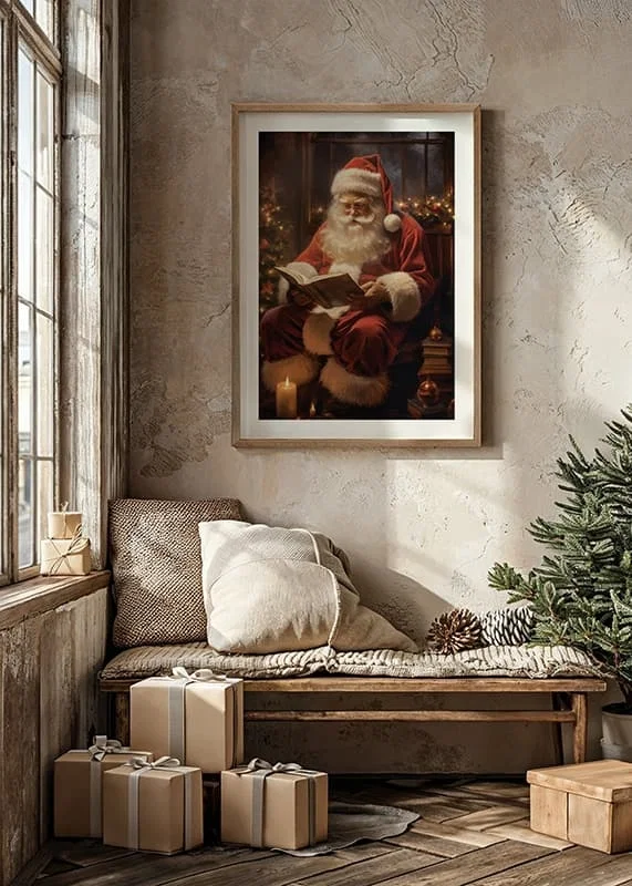Illustrated Santa Claus reading a book by the Christmas tree and candles-12