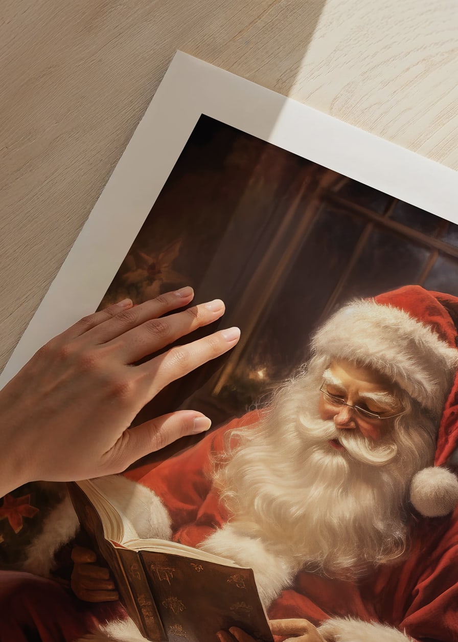 Babbo Natale illustrato che legge un libro vicino all'albero di Natale e alle candele-12