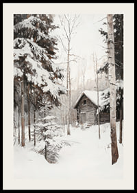 Painted winter cottage surrounded by snow-covered firs and birches-2