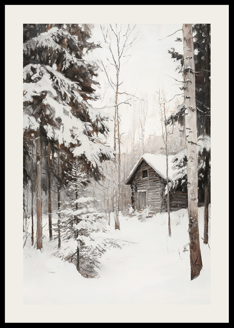 Painted winter cottage surrounded by snow-covered firs and birches-12