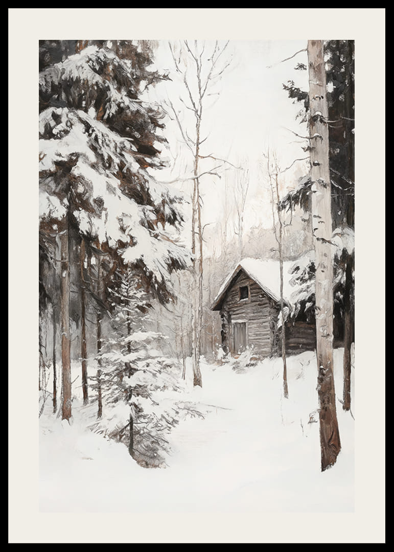 Chalet d'hiver peint entouré de sapins et de bouleaux enneigés-12