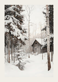 Painted winter cottage surrounded by snow-covered firs and birches-3