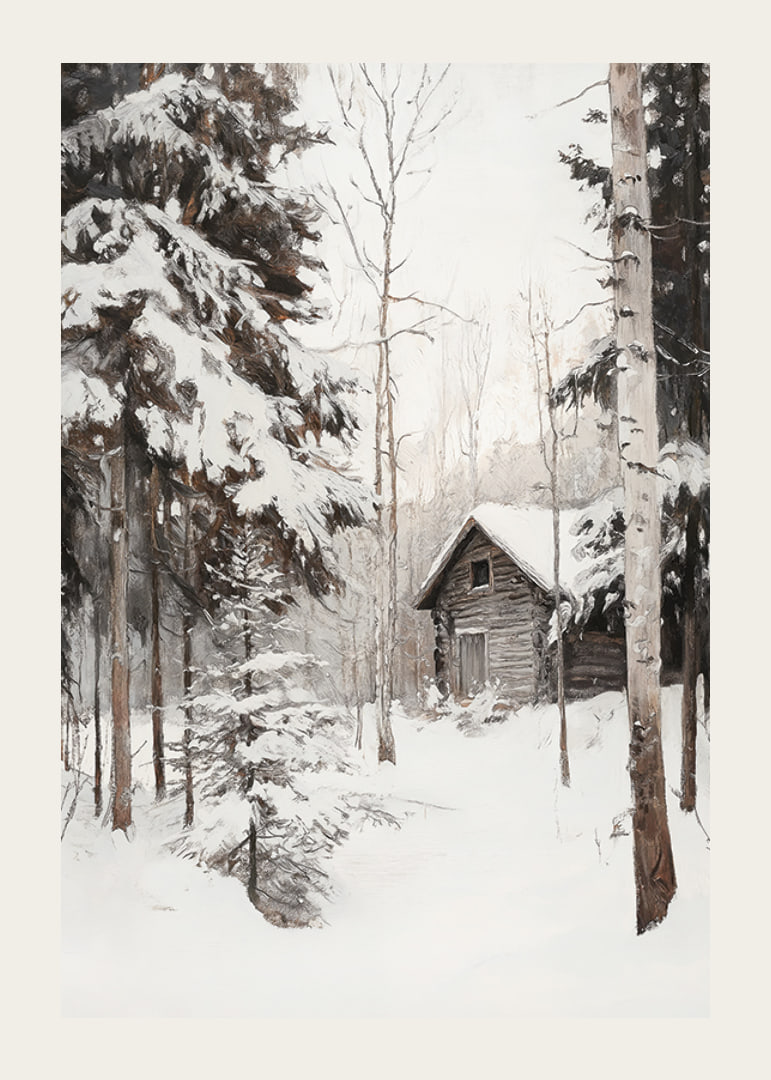 Painted winter cottage surrounded by snow-covered firs and birches-12